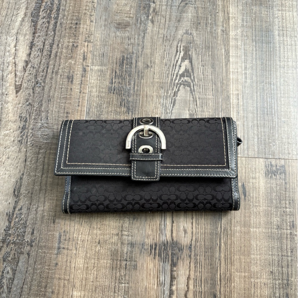Vintage Coach Hampton Signature Black Buckle Wallet w/Insert Tri-Fold Pocketbook